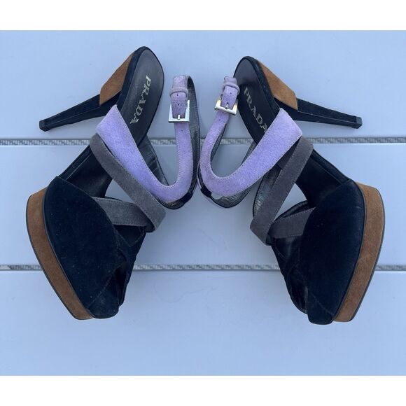 Prada Suede Color Block Put Out Heeled Sandals - Size 36.5/ US 5.5 - Multic - Picture 3 of 10
